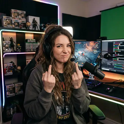 Professional Video Game Streamer with Long Brown Hair | Defiant Yet Playful Pose