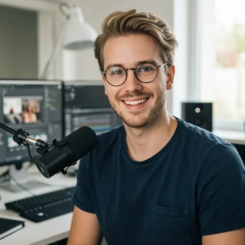 Professional Video Editor - Happy Blonde Man with Glasses