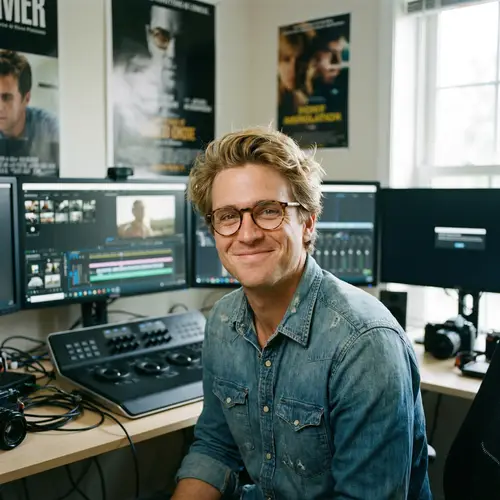 Professional Video Editor - Happy Blonde Man with Glasses