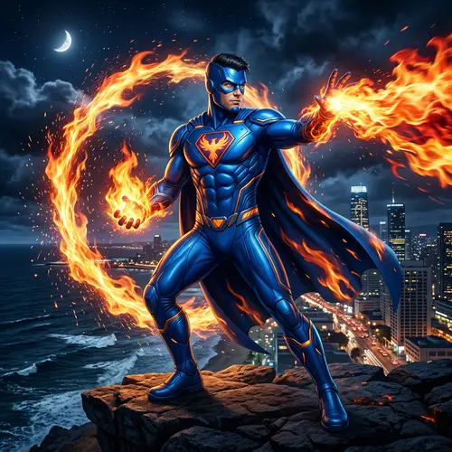 Vibrant Blue Suit Superhero With Fire Manipulation Abilities