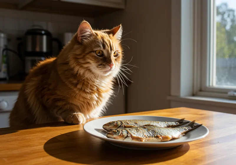 Excited Orange Cat Sees Fish Snack on Table