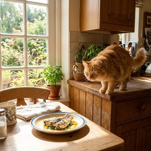 Excited Orange Cat Sees Fish Snack on Table