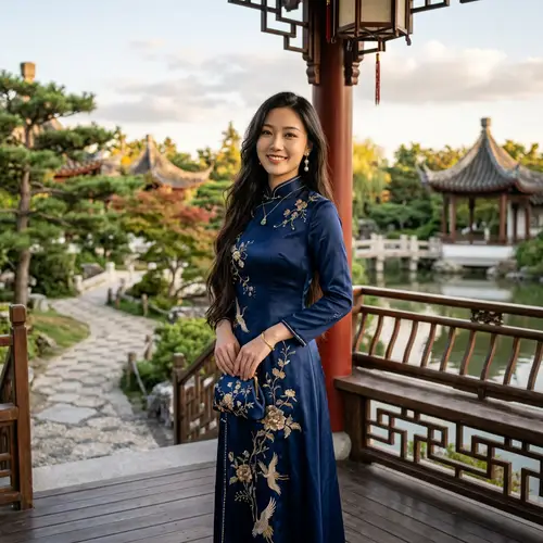 Charming Long-Haired Chinese Girl in Elegant Dress