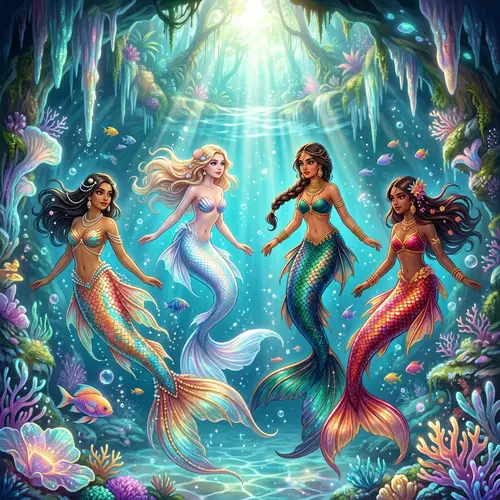 Mystical Underwater Scene of Mermaids in Pastel Hues