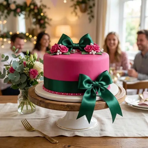 Cute Fuschia Cake with Dark Green Ribbons