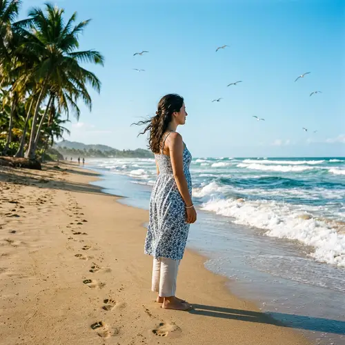 Hispanic Woman on Sunny Beach | Beach Attire Portrait