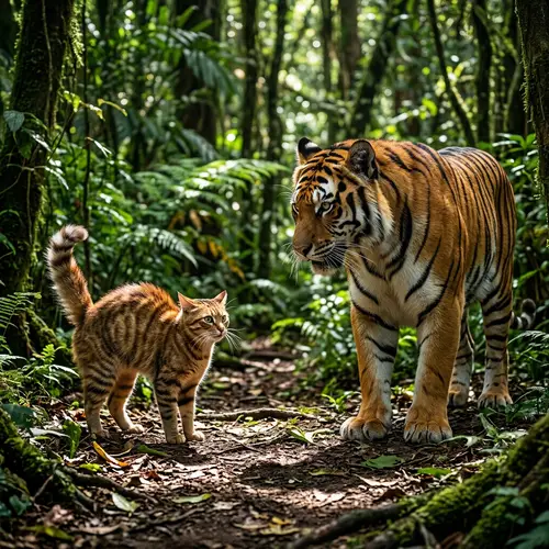 Brave Housecat Faces Menacing Tiger in Lush Green Forest
