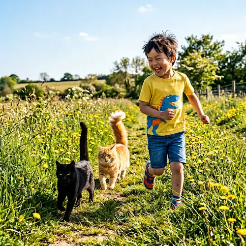 Ecstatic Asian Boy Running in Meadow with Cats | Outdoor Play Joy