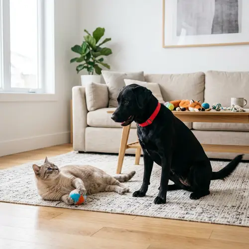 Interacting Cat and Dog in Well-Illuminated Living Room
