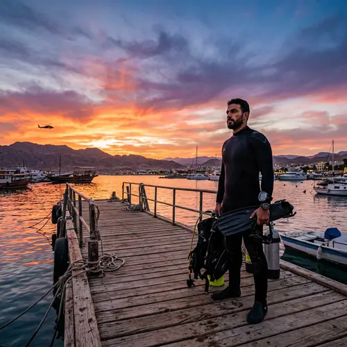 Middle-Eastern Diver on Wooden Pier at Sunset | Adventure Photography