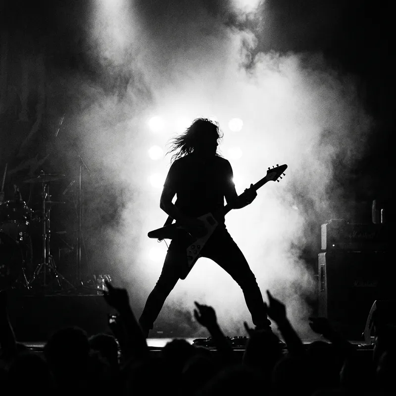 Powerful Rock Guitarist Silhouette on Stage Powerful Rock Guitarist Silhouette on Stage