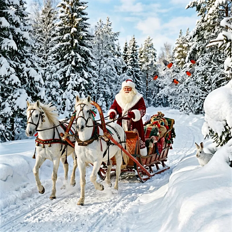 Russian Santa Claus Riding Sleigh Pulled by Three White Horses in Winter Forest