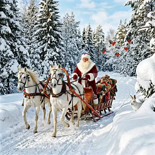 Festive Winter Scene: Santa on Sleigh Pulled by White Horses