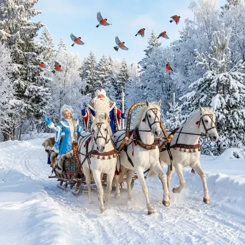 Russian Santa Claus with White Horses in Enchanting Winter Forest
