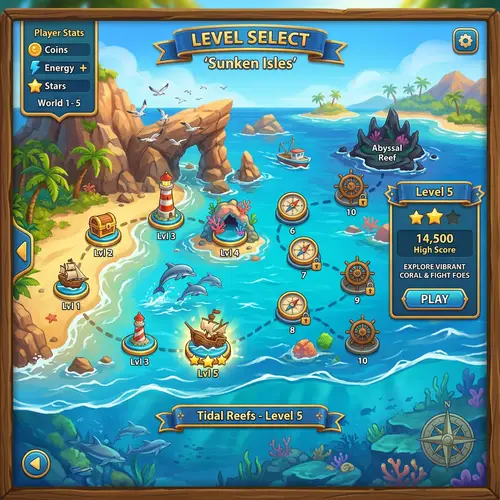 Coastal 2.5D Game Level Selection UI | Nautical Theme