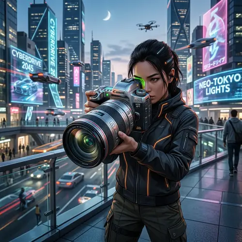 Futuristic Photographer with Canon Camera from 2045