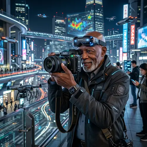 Elderly Black Futuristic Photographer with State-of-the-Art Camera