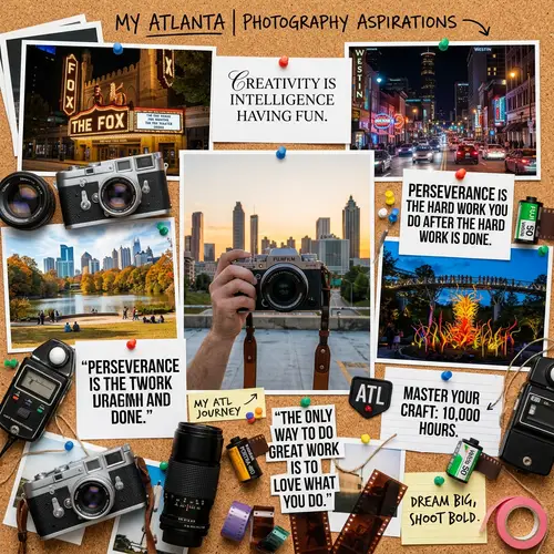 Passionate Photographer's Vision Board: Atlanta Landmarks & Photography Elements