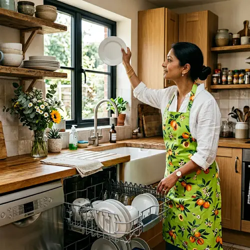 South Asian Woman Unloading Dishwasher in Bright Kitchen