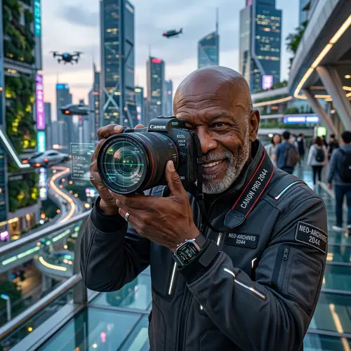 Futuristic Black Guy Photographer in 2044 | Profession and Technology Blend