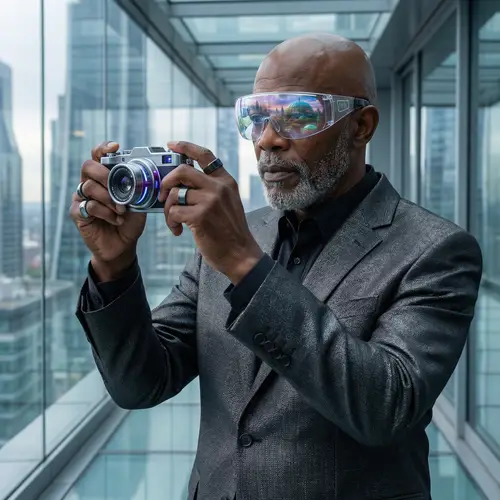 Elderly Black Man Futuristic Photographer | Futuristic Canon Camera