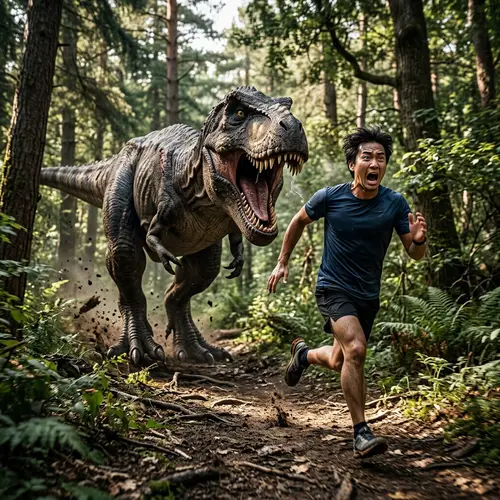 Fearful Asian Adult Running from Tyrannosaurus Rex in Forest