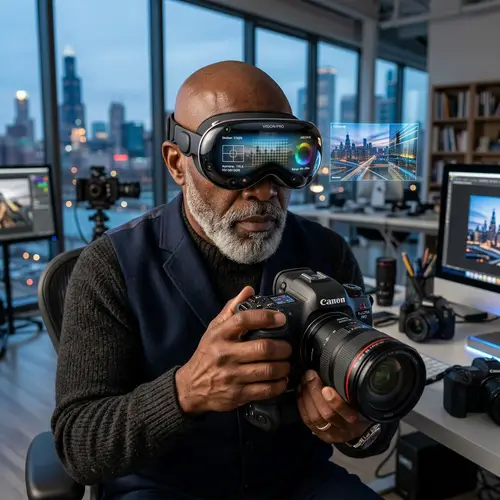 Old Rich Bald African American Man Photographer with Futuristic Camera