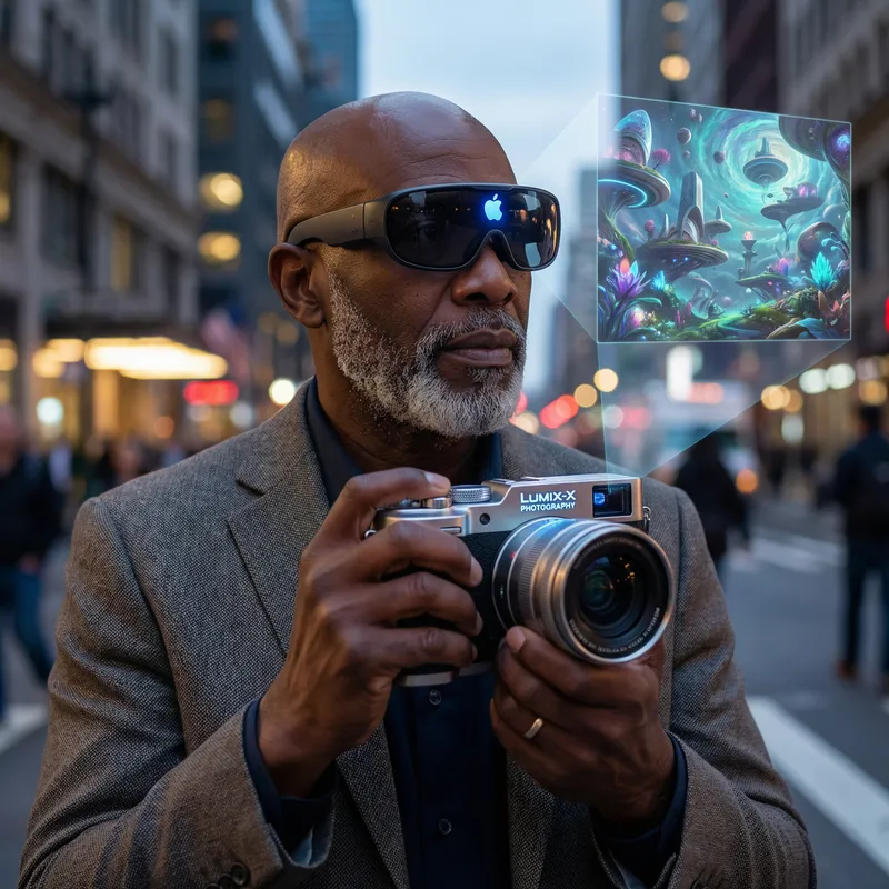 Captivating Image of Aged Black Photographer with Futuristic Camera and VR Goggles
