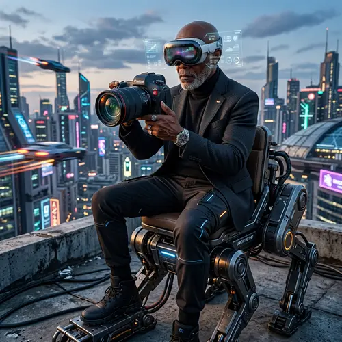 Rich Bald African American Photographer with Futuristic Canon Camera and Apple Oculus