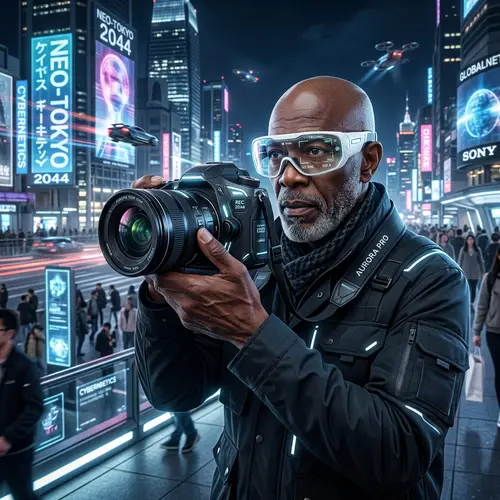 Futuristic Black Photographer with 2044 Canon Camera