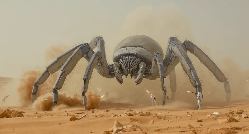 Giant Robotic Tarantula in Desert Action Scene