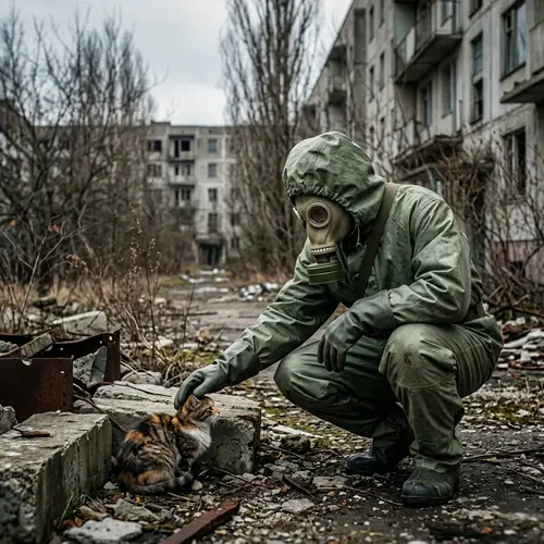 Deserted Chernobyl: Man in Gas Mask Showing Compassion to Kitten