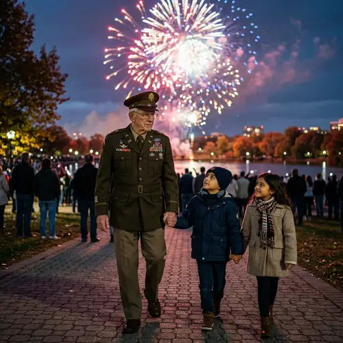 Elderly Veteran Walking with Grandchildren | Peace and Freedom Celebration