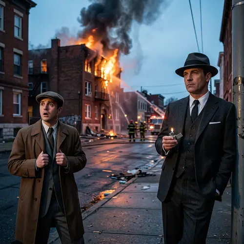 Men in Classic Attire: Indifference and Astonishment at Burning Building