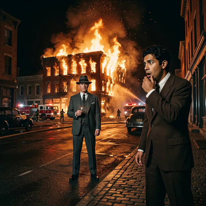 Men in Classic Attire Witness Burning Three-Story Building