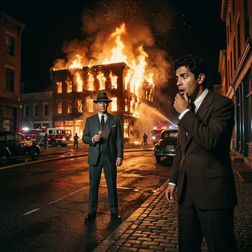 Man in Classic Suit Watches Burning Building with Coolness