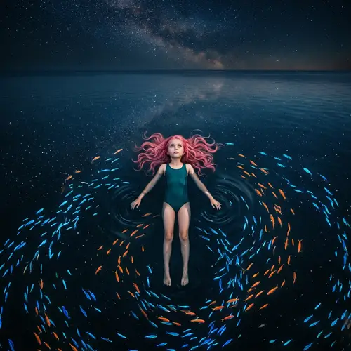Captivating Image of Young Girl with Golden Eyes Floating in Tranquil Sea