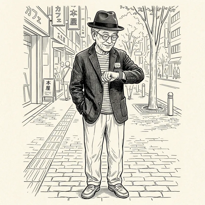 Elderly Asian Man in Fedora and Smartwatch Drawing