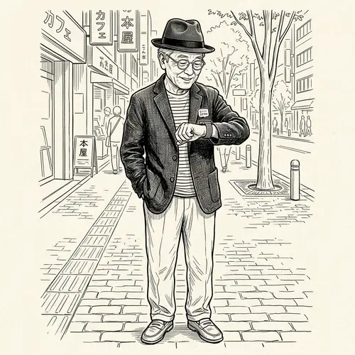 Elderly Asian Man in Fedora and Smartwatch Drawing