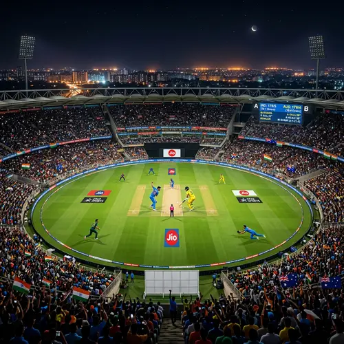Night View of Cricket Stadium: Spectators, Players, Excitement