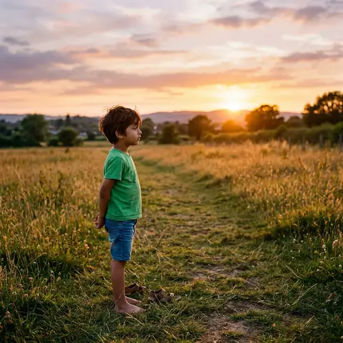 Child in Green Shirt | South Asian Boy in Open Field