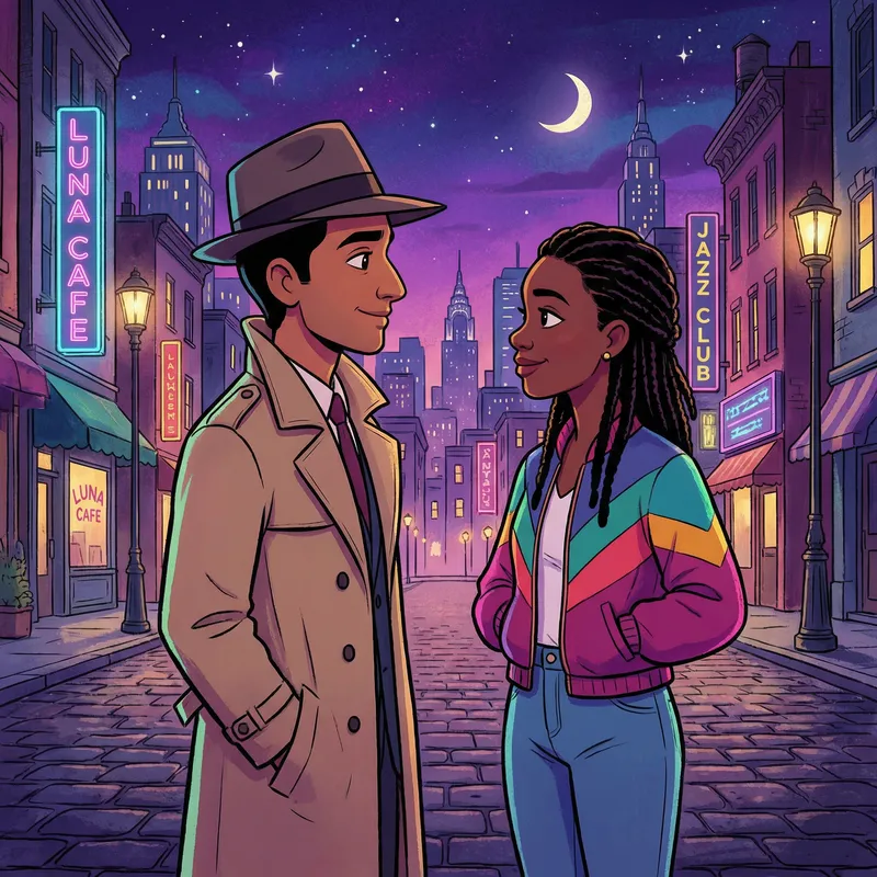 Young Detective and Girlfriend in Night City Cartoon Style