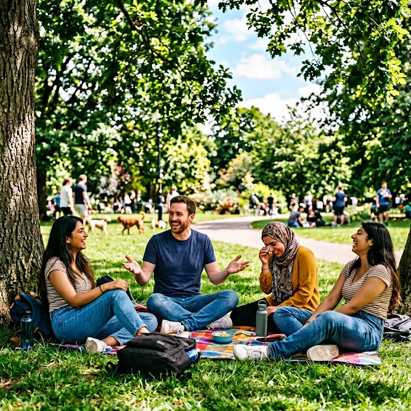 Hilarious Park Scene: Friends Enjoying Witty Story