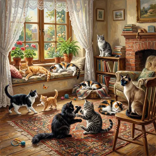 Charming Cat Painting: Feline Friends in Action
