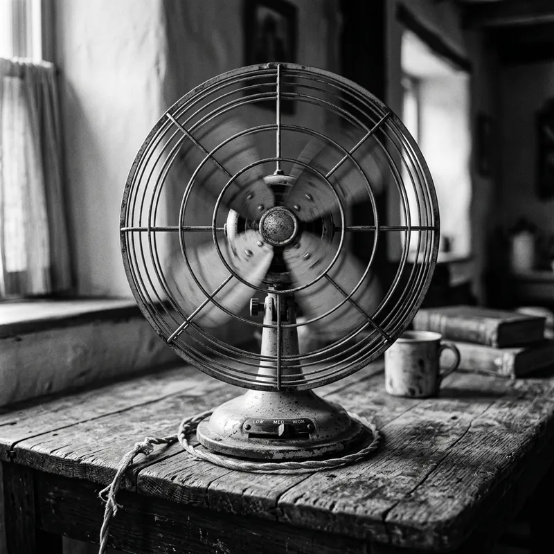 Vintage Electric Fan on Wooden Table: Nostalgic Documentary Photo