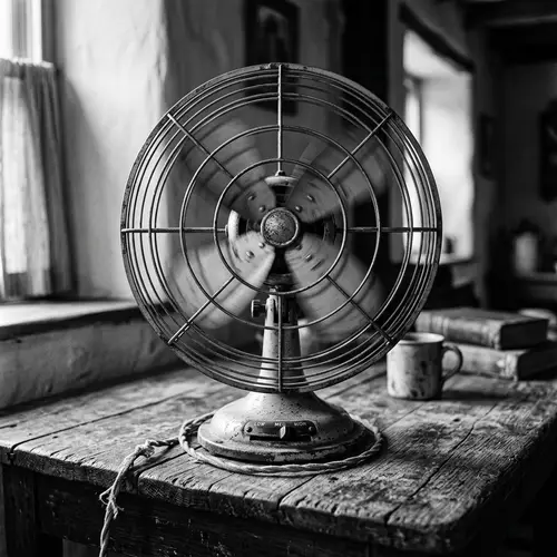 Vintage Electric Fan on Rustic Table: Nostalgic Photo