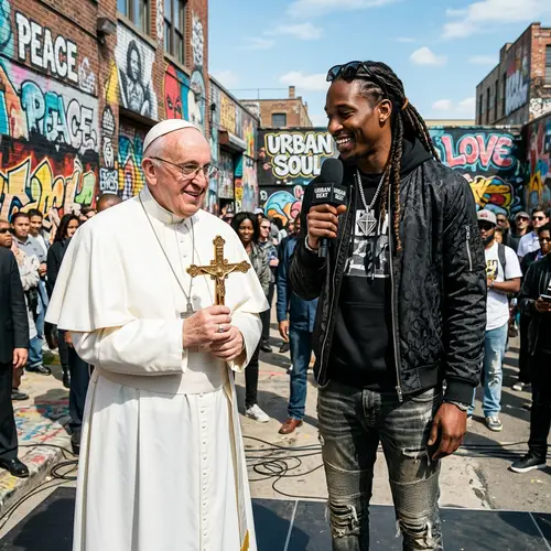 Urban Street Encounter: Religious Figure and Man in Graffiti Background