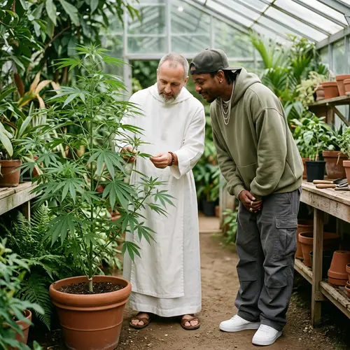 Religious Figure and Hip-Hop Icon Examining Leafy Plant