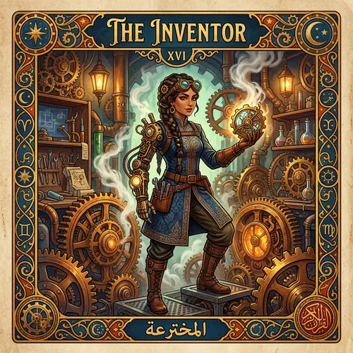 Steampunk Middle-Eastern Female Inventor Tarot Card Illustration