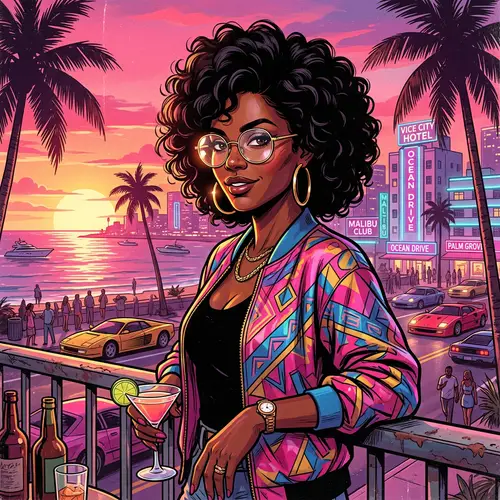 80s Style Black Woman in Vice City Vibes